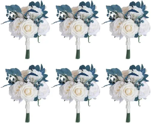 Miniatura 13 de MOJUN Juego de ramo de dama de honor, ramillete de muñeca, para novio, flores de boda de rosas artificiales para ceremonia de boda, aniversario