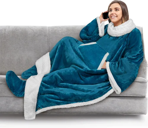 Miniatura 22 de PAVILIA Manta de forro polar con mangas, bolsillos para los pies para mujeres, hombres y adultos, manta de felpa para llevar, cálida manta