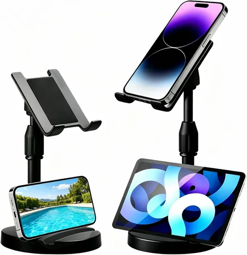 Soporte de altura ajustable para teléfono y tableta, soporte doble para dispositivos con rotación de 360°, base antideslizante resistente y no