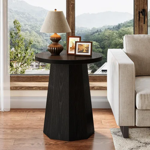 Miniatura 9 de Tribesigns Mesa Auxiliar Redonda de Estilo Rústico, Mesa Lateral de Madera para Sofá con Base Octagonal, Mesita de Noche Negra con Pedestal, Mueble