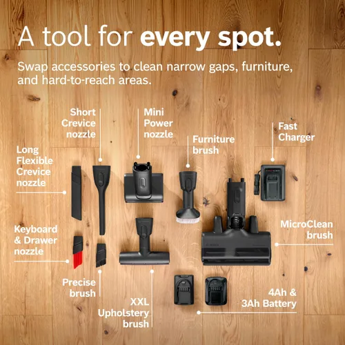 Miniatura 16 de Bosch Unlimited 10 - Aspiradora inalámbrica con 2 baterías incluidas, hasta 140 minutos en total, tubo flexible, cargador rápido, pelo de mascotas