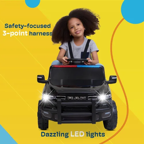 Miniatura 3 de Kidzone Camión de Policía de 12V para Montar, Camión Eléctrico RAM 3500 con Licencia para Niños con Control Remoto, Música Bluetooth, Luces LED