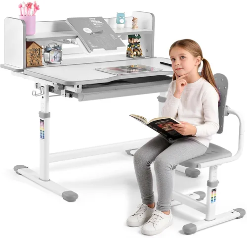 Miniatura 13 de Artist hand Kids Desk and Chair Set, Height Adjustable Desk with 0-40° Tilting Desktop, 2-Tier Bookshelf, Tablet Stand, Drawer, Hook and Ergonomic