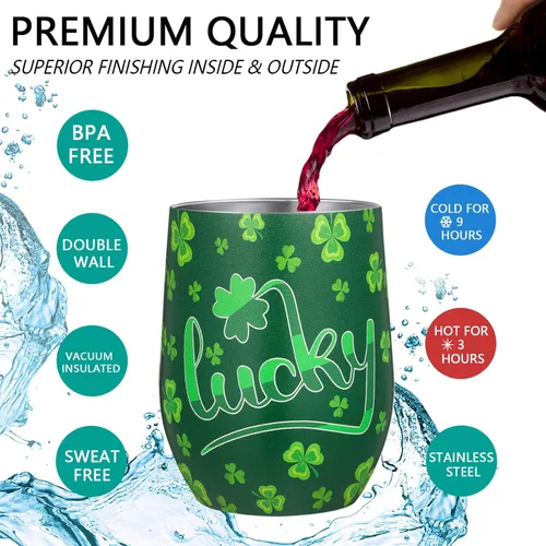 Miniatura 4 de Zopeal 4 vasos de vino del Día de San Patricio, tazas de café de acero inoxidable de 12 onzas, regalos irlandeses para mujeres y hombres, vasos