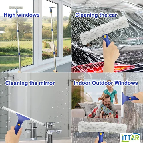 Miniatura 7 de Kit de lavado de ventanas giratorio ITTAR, escobilla limpiadora de ventanas con barra de extensión de 152 cm, escobilla de goma y combo de 2