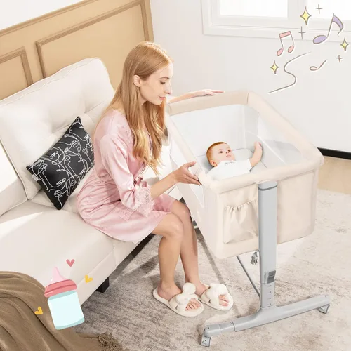 Miniatura 8 de BABY JOY Cuna plegable 3 en 1 con altura ajustable, colchón, ruedas bloqueables, bolsillo de almacenamiento y bolsa de transporte para recién Beige