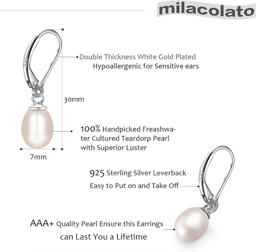 Miniatura 5 de Milacolato 2 pares de pendientes de perlas cultivadas de agua dulce AAA+, de plata de ley con cierre de perlas para mujer
