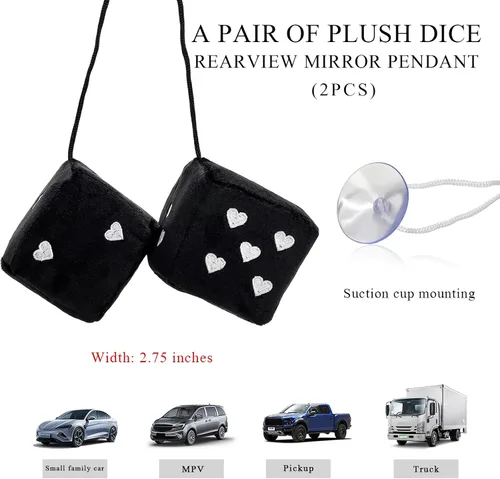 Miniatura 2 de 1 par de dados de felpa mullidos para espejo de automóvil, dados cuadrados retro de 3 pulgadas con forma de corazón, adorno colgante de dados retro