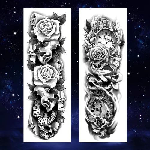 Miniatura 2 de 4 hojas de tatuajes temporales de brazo completo para adultos, color rosa pistola de tatuajes, impermeables, arte corporal de larga duración