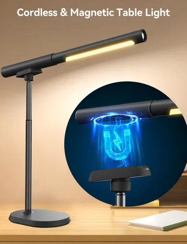 Miniatura 3 de Lámpara de escritorio recargable, lámpara de mesa magnética ajustable con tubo de luz cilíndrico extraíble para estudio y dormitorio, control táctil