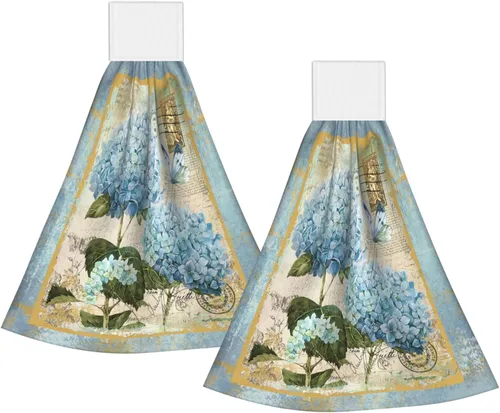 Miniatura 14 de Giwawa Juego de 2 toallas de mano colgantes de diente de león verde azulado con lazo, diseño de flores rústicas, suaves, de secado rápido