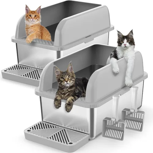Miniatura 13 de Suzzipaws Caja de arena para gatos de acero inoxidable de 8 pulgadas de profundidad con tapa, caja de arena extra grande para gatos grandes, bandeja