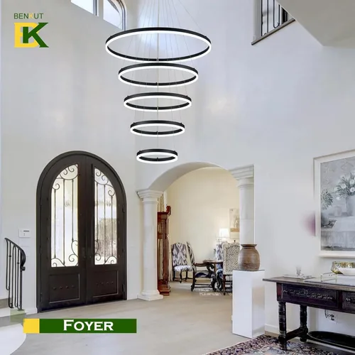 Miniatura 5 de Benkut 5 Anillos D31.5 Lámpara de Araña LED Moderna Negra Grande Regulable Circular para Techo Alto con Control Remoto para Vestíbulo, Comedor, Sala
