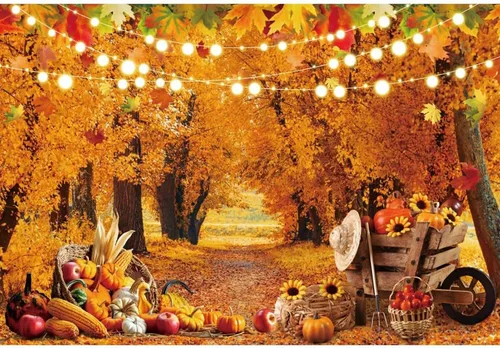 Telón de fondo de bosque de otoño de 5 x 3 pies para fotografía, calabazas de otoño, hojas de arce, fondo para decoración de fiesta de cosecha de