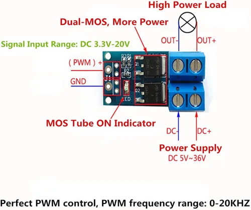Miniatura 2 de 5PCS DC 5V-36V 15A (Max 30A) 400W Dual High-Power MOSFET Trigger Switch Drive Module 0-20KHz PWM Ajuste Interruptor Electrónico Tablero de Control
