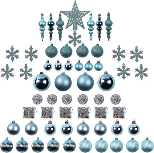 Sunnyglade Juego de 60 adornos azules para árbol de Navidad, esferas inastillables con brillo para Navidad, decoración colgante con paquete de