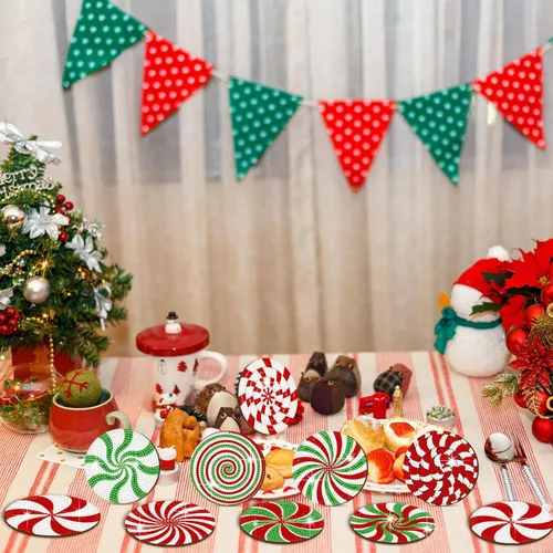 Miniatura 6 de Perthlin 8 Pcs Christmas Diamond Art Coasters Christmas Tree Candy Gnome Painting Coasters with Holder Painting Kit Green White Diamond Kits(Candy)
