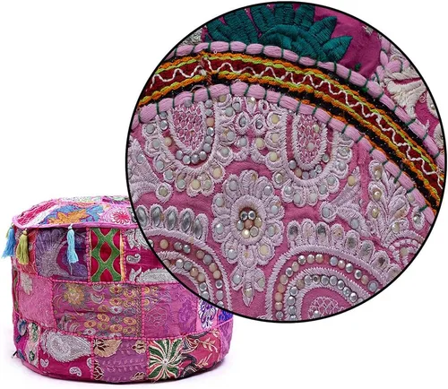 Miniatura 6 de Puf indio, reposapiés, funda de puf bordada étnica – otomano redondo de algodón – rosa, 22 x 14 pulgadas Rosado