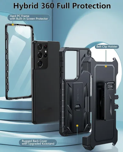 Miniatura 2 de FNTCASE Funda para Samsung Galaxy S21-Ultra: Funda protectora militar a prueba de golpes con funda de clip para cinturón y soporte, a prueba de Negro