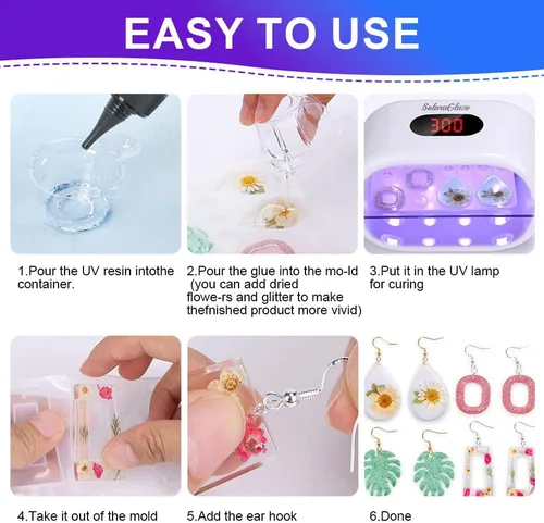 Miniatura 5 de Kit de resina UV SolaraGlaze con luz de 240g, tipo duro, resina UV transparente para hacer joyería, luz de dos lados y moldes, suministros