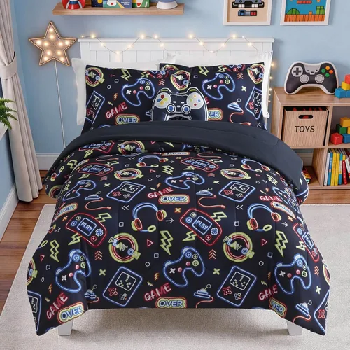Miniatura 18 de Juego de edredón para niños Kaleido Space tamaño individual para niños, juego de ropa de cama para niños con luz en la oscuridad para jugadores, 1