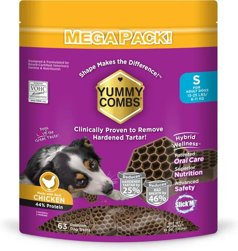 Miniatura 13 de Yummy Combs Golosinas dentales para perros, aprobadas por veterinarios VOHC, deliciosa proteína de pollo, elimina el sarro con forma de peine