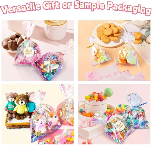 Miniatura 6 de Bolsas de celofán iridiscentes de 5 x 7 pulgadas con lazos giratorios, bolsas de golosinas para galletas, chocolates y palomitas de maíz