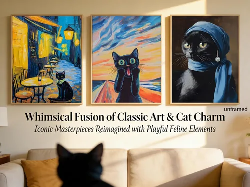 Miniatura 4 de 9 piezas divertidas de arte de pared de gato negro, gatos negros retro en pinturas famosas, carteles impresos, lindos gatos coloridos, decoración