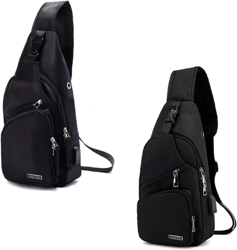 Sling Bag Sling Mochila Crossbody Mochila Pecho Bolso Hombro Puerto Cargador USB, Negro -, Mochila tipo bandolera
