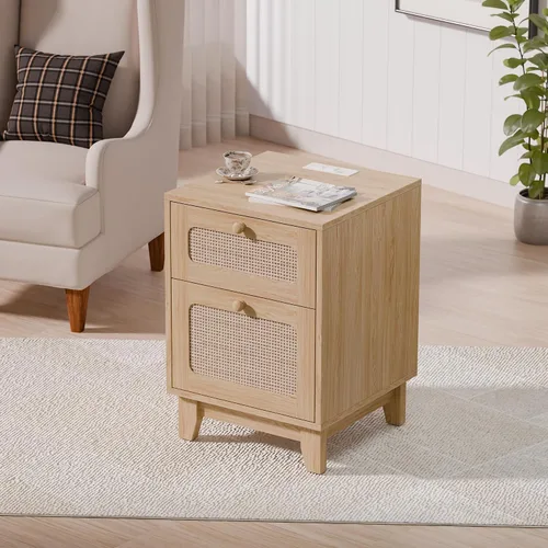 Miniatura 7 de Betterhood Mesitas de noche de ratán con estación de carga, mesitas de noche de madera con cajón y gabinete, mesitas de noche bohemias con USB