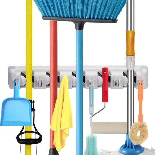 CHAMPS Soporte para escoba de fregona montado en la pared, organizador comercial para herramientas de jardín, cocina, garaje y lavandería [5 ranuras