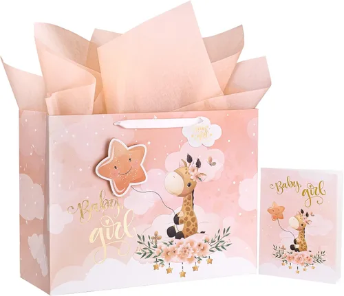 WRAPAHOLIC Bolsa de regalo extra grande de 16" para bebé niña con tarjeta y papel de seda - Para baby shower, bebé recién nacido Jirafa bebé niña