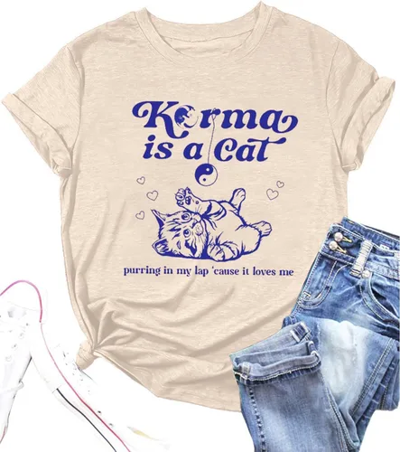 SFHFY Karma is Cat Camisas para mujer, camisa para amantes de los gatos, letras vintage, concierto, verano, fanáticos de la música country, camiseta