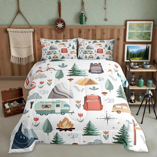Miniatura 13 de Homewish Juego de ropa de cama con diseño de camping para niños, adolescentes y hombres, tamaño Queen, con temática de aventura en la jungla
