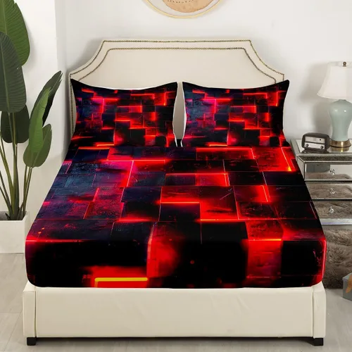 Miniatura 3 de Erosebridal Juego de sábanas de cama negro y rojo, juego de sábanas de tamaño individual abstracto moderno, sábanas a cuadros brillantes 3D, juego