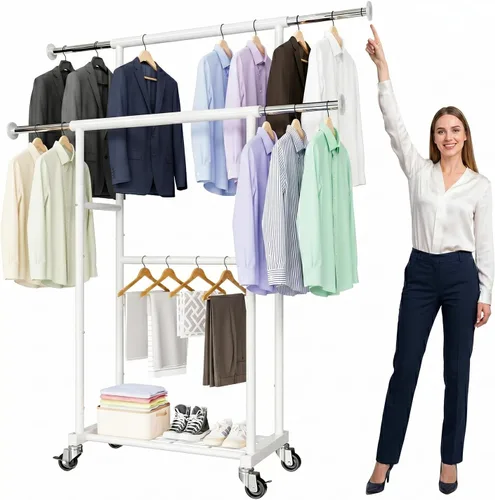 Miniatura 10 de Perchero de ropa estándar, 50 pulgadas de largo, con estantes de malla sobre ruedas, estante de armario portátil ajustable para dormitorio, cuarto