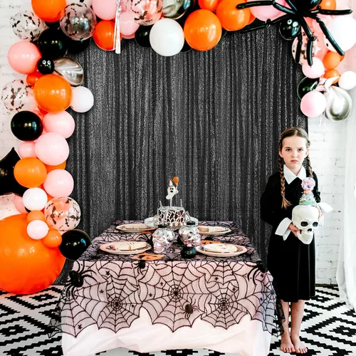 Miniatura 4 de Hahuho - Cortina de fondo de lentejuelas negras, 2 piezas de 2 pies x 8 pies, cortina de fondo con purpurina para fiestas, Navidad, boda, decoración
