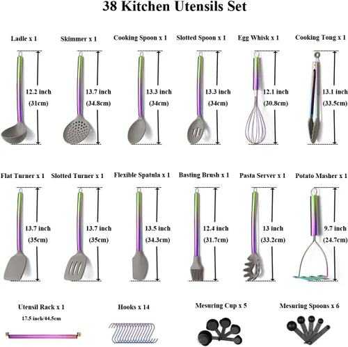 Miniatura 2 de Juego de utensilios de cocina de silicona de 38 piezas con estante para utensilios, cabeza de silicona y mango de acero inoxidable, herramientas