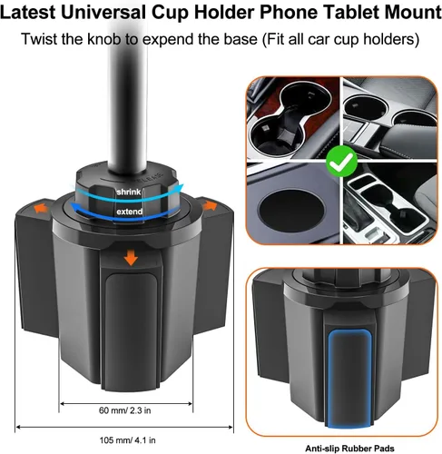 Miniatura 6 de Soporte para portavasos de automóvil resistente [rotación de 360° sin sacudidas] Soporte para iPad con brazo de metal para tableta y teléfono, iPad