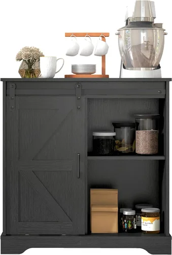 Miniatura 8 de Panana - Gabinete de almacenamiento de aparador con puerta corredera de granero, estilo de casa de campo para barra de café, cocina (Negro)