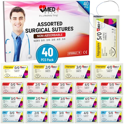 Hilo de suturas de práctica con aguja - Kit de 40 unidades de mezcla de suturas 0 1/0 2/0 3/0 4/0 5/0 - Kit de suturas de supervivencia de grado