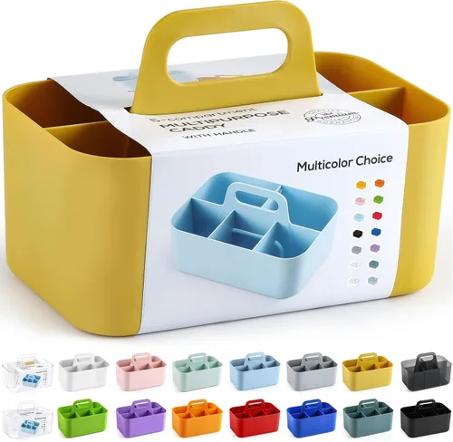Organizador Caddy Multiusos con Asa - Contenedor Tote de Plástico Apilable - Suministros de Arte y Manualidades, Oficina, Escritorio, Papelería,