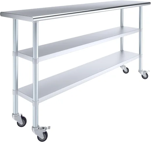 Miniatura 15 de AmGood Mesa de trabajo de acero inoxidable con 2 estantes y ruedas Mesa de trabajo de metal con ruedas