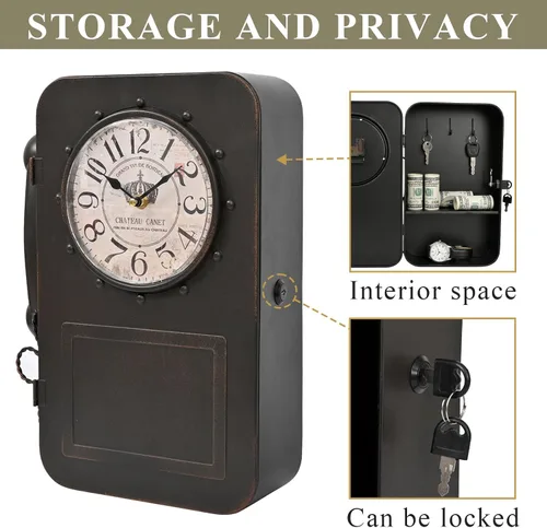 Miniatura 4 de Reloj de pared para teléfono vintage con caja fuerte de almacenamiento oculto, armario retro con cerradura para llaves montado en la pared