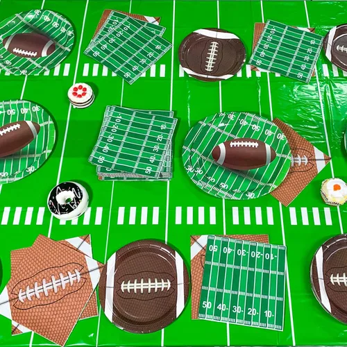 Miniatura 6 de Oigco 3 Paquetes Manteles de Fútbol para Fiesta (54"x 108"), Cubierta de Mesa de Plástico Temática de Fútbol Touchdown para Decoraciones de Fiesta