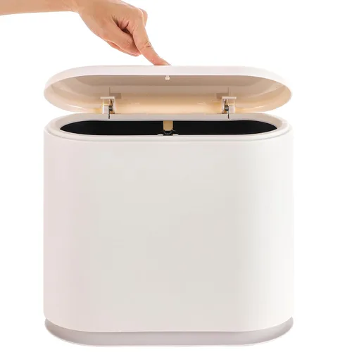 Basurero de plástico rectangular delgado blanco con tapa tipo prensa, 12 litros/3.2 galones estrecho con tapa desplegable para inodoro, dormitorio,