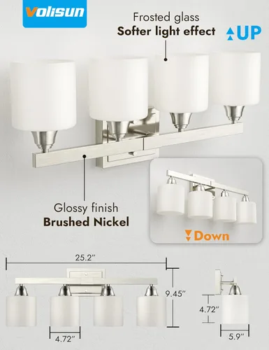 Miniatura 6 de VOLISUN Accesorios de iluminación de baño de níquel cepillado, 4 luces de cambiador de baño sobre espejo, lámpara de tocador moderna para baños