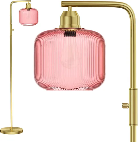 Miniatura 11 de Lámpara de pie de cristal para sala de estar, moderna lámpara de pie con pantalla de vidrio acanalado verde e interruptor de pedal, lámpara de pie