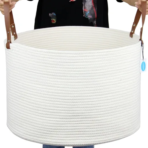 Miniatura 16 de Casaphoria Cesta de cuerda de algodón XXXL para sala de estar, cesta de almacenamiento tejida con asa larga para mantas, toallas y almohadas, cesta