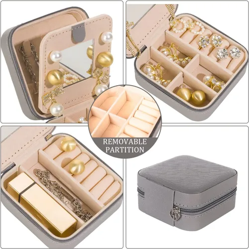 Miniatura 5 de KElofoN - Estuche para joyas de viaje, pequeño organizador de joyería con espejo para mujeres y niñas, color gris